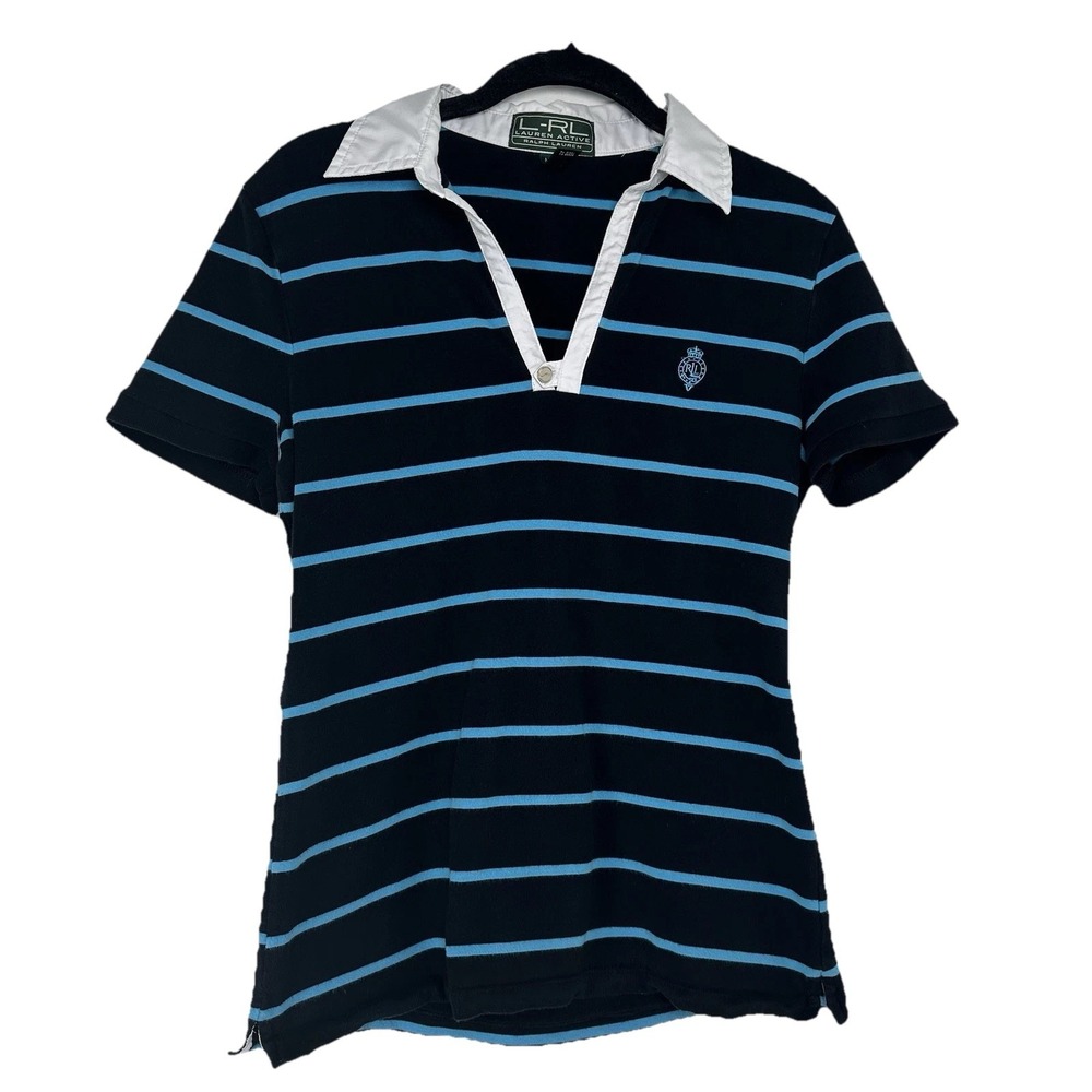 LRL Lauren Active Women's Polo‎ Size Medium Blue Striped Golf Tennis Preppy